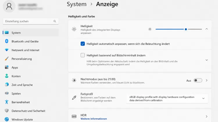 Helligkeit über die Einstellungen anpassen