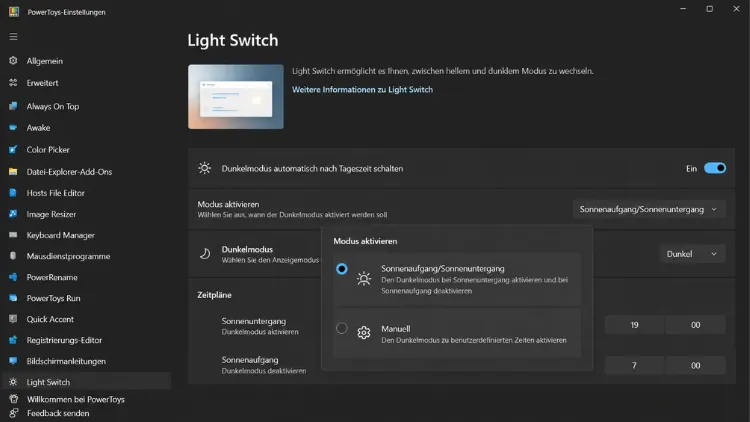 PowerToys Einstellungen im Dunkelmodus