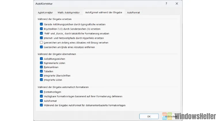 AutoKorrektur-Einstellungen in Microsoft Word