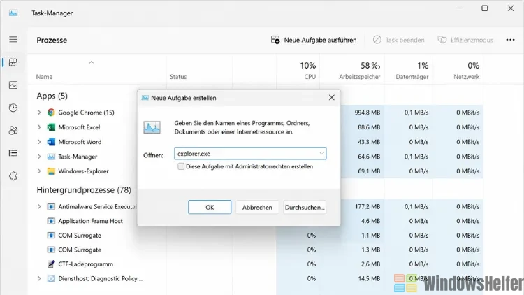 Explorer über den Task-Manager neu starten
