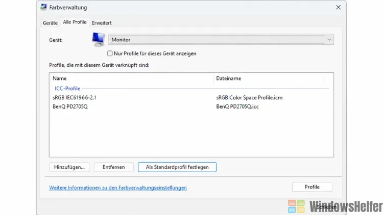Farbverwaltungsdialog in Windows