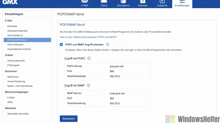GMX E-Mail Einstellungen: POP3/IMAP Setup
