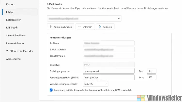 Kontoeinstellungen in Outlook-Anwendung