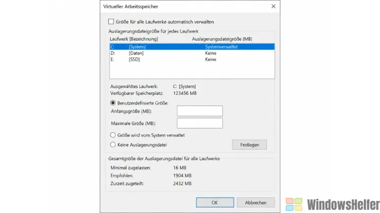 Virtuellen Speicher über die Systemsteuerung anpassen