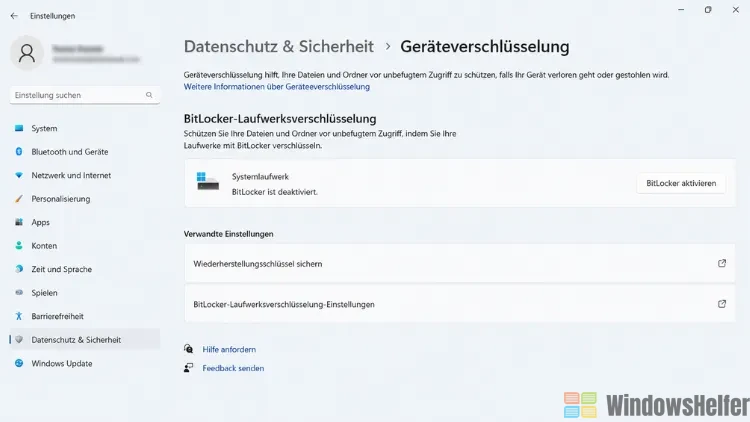 Geräteschutz in Windows 11 Einstellungen