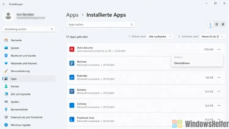 Installierte Apps in Windows 11