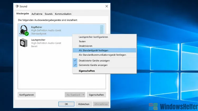 Kopfhörer als Standardgerät festlegen