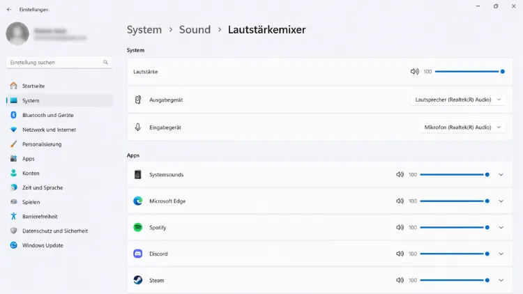 Lautstärkemixer in den Windows 11 Einstellungen