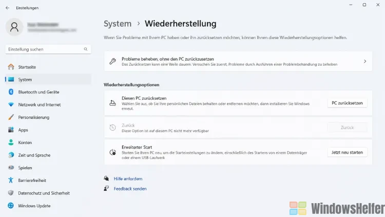 Windows 11 Wiederherstellungsseite