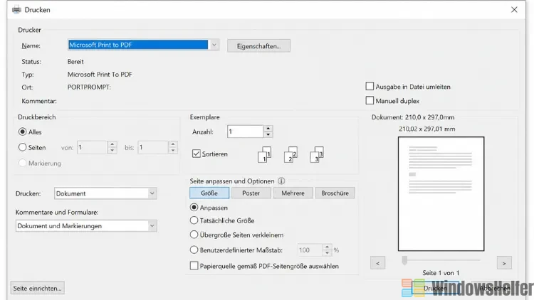Windows Druckdialog mit Druckeroptionen