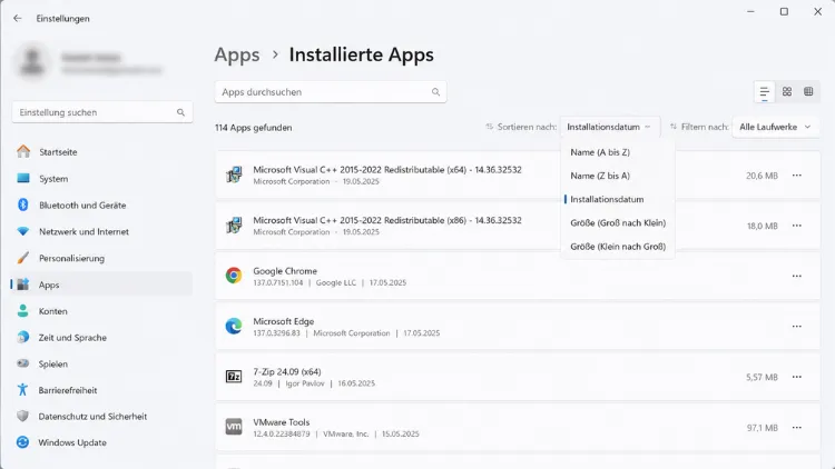 Windows Einstellungen: Installierte Apps Übersicht