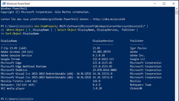 Windows PowerShell mit Programmliste